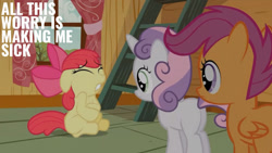 Size: 1280x720 | Tagged: safe, edit, edited screencap, editor:quoterific, screencap, apple bloom, scootaloo, sweetie belle, earth pony, pegasus, pony, unicorn, family appreciation day, g4, season 2, apple bloom's bow, bow, clubhouse, crusaders clubhouse, cutie mark crusaders, eyes closed, female, filly, hair bow