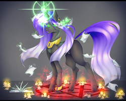 Size: 5000x4000 | Tagged: safe, artist:chazmazda, oc, oc only, oc:midnight fade, alicorn, earth pony, pegasus, pony, unicorn, black magic, book, burning candles, candle, ear piercing, earring, female, fluffy, full body, gold, hair, highlight, highlights, horn, jewelry, long hair, magic, paper, particles, pentagram, photo, piercing, shade, shading, shine, simple background, slender, solo, speedpaint, spell, spells, thin