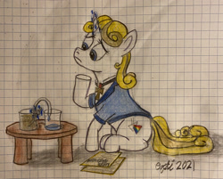 Size: 3024x2432 | Tagged: safe, oc, oc only, oc:guiding light, pony, unicorn, beaker, chemistry, glowing horn, graph paper, high res, horn, magic, magic aura, purification, sitting, solo, table, traditional art, water