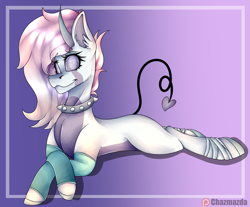 Size: 1305x1080 | Tagged: safe, artist:chazmazda, oc, oc only, oc:angelica, alicorn, demon, earth pony, pegasus, pony, unicorn, accessory, bandage, clothes, collar, demon horns, devil tail, gradient, gradient background, hair, heart tail, highlights, horns, long hair, markings, photo, shade, shading, socks, solo, tail