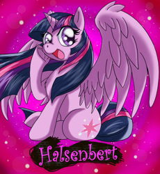 Size: 1280x1394 | Tagged: safe, artist:halsenbert, twilight sparkle, alicorn, pony, g4, abstract background, female, happy, mare, open mouth, sitting, solo, twilight sparkle (alicorn)