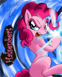 Size: 1280x1582 | Tagged: safe, artist:halsenbert, pinkie pie, earth pony, pony, g4, abstract background, bipedal, dragon ball, dragon ball z, female, kamehameha, mare, missing cutie mark, open mouth, solo