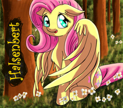 Size: 1280x1122 | Tagged: safe, artist:halsenbert, fluttershy, pegasus, pony, g4, cute, female, floppy ears, flower, forest, mare, shyabetes, sitting, solo