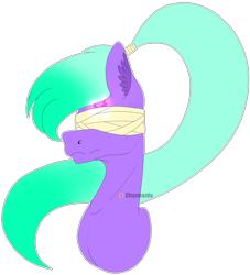 Size: 3528x3884 | Tagged: safe, artist:chazmazda, oc, oc only, pony, bandage, bust, flat colors, green hair, high res, long hair, payment art, photo, ponytail, portrait, present, sad, scar, solo, transparent, unamused, upset