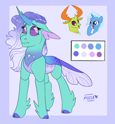 Size: 1688x1819 | Tagged: safe, artist:moccabliss, thorax, trixie, oc, changedling, changeling, changepony, hybrid, g4, female, interspecies offspring, king thorax, male, offspring, parent:thorax, parent:trixie, parents:thoraxie, reference sheet, shipping, straight, thoraxie