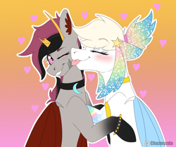 Size: 2290x1910 | Tagged: safe, artist:chazmazda, oc, oc only, alicorn, bat pony, earth pony, pegasus, pony, unicorn, vampire, vampony, :p, accessory, bracelet, couple, cute, duo, eye scar, eyes closed, facial scar, flat colors, happy, horn, horns, hug, jewelry, markings, necklace, one eye closed, payment, payment art, photo, scar, smiling, tongue out
