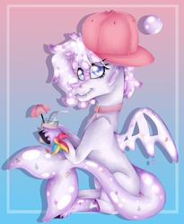 Size: 1515x1851 | Tagged: safe, artist:chazmazda, oc, oc only, pony, shark, accessory, cap, commission, commissions open, drink, fangs, food, gradient background, happy, hat, highlight, highlighted, highlights, jelly, jewelry, necklace, photo, pink, pink lemonade, sanpback, shade, shading, sitting, smiling, solo, straw, tail, umbrella, wings