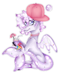 Size: 1515x1851 | Tagged: safe, artist:chazmazda, oc, oc only, pony, shark, accessory, cap, commission, commissions open, drink, fangs, food, happy, hat, highlight, highlighted, highlights, jelly, jewelry, necklace, photo, pink, pink lemonade, sanpback, shade, shading, simple background, sitting, smiling, solo, straw, tail, transparent, transparent background, umbrella, wings