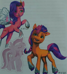 Size: 1692x1869 | Tagged: safe, artist:karadeg, pipp petals, rainbow dash, sunny starscout, g5, my little pony: a new generation, lined paper, skinny pipp, traditional art