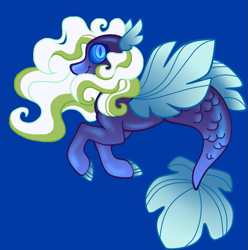 Size: 799x805 | Tagged: safe, artist:kazoowary, oc, oc only, seapony (g4), adoptable, blue background, blue eyes, dorsal fin, fin wings, fins, fish tail, flowing mane, flowing tail, ocean, simple background, smiling, solo, swimming, tail, underwater, water, wings