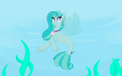 Size: 2560x1600 | Tagged: safe, artist:otakutheunicorn, oc, oc only, seapony (g4), clothes, eyelashes, female, fin wings, fins, fish tail, flowing mane, flowing tail, jewelry, necklace, ocean, purple eyes, seaweed, see-through, smiling, solo, tail, underwater, water, wings
