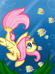 Size: 1280x1708 | Tagged: safe, artist:ebonyjewelwing, fluttershy, fish, pegasus, pony, seapony (g4), g4, bubble, crepuscular rays, dorsal fin, female, fish tail, flowing tail, green eyes, looking up, ocean, pink mane, seaponified, seapony fluttershy, seaweed, signature, smiling, solo, species swap, swimming, tail, underwater, water, watershy, wings