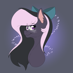 Size: 1920x1920 | Tagged: safe, artist:chazmazda, oc, oc only, alicorn, earth pony, pegasus, pony, unicorn, black hair, bow, bust, eye, eyes, flat colors, freckles, happy, long hair, markings, outline, photo, pink hair, portrait, smiling, solo, sparkle, sparkles, stars