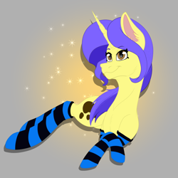 Size: 1024x1024 | Tagged: safe, artist:chazmazda, oc, oc only, alicorn, earth pony, pegasus, pony, unicorn, clothes, crossed hooves, curly hair, eye, eyes, full body, happy, horn, long hair, lying down, photo, purple hair, smiling, socks, solo, stockings, striped socks, thigh highs
