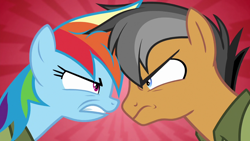 Size: 1280x720 | Tagged: safe, screencap, quibble pants, rainbow dash, earth pony, pegasus, pony, g4, season 6, stranger than fan fiction, angry, duo, female, looking at each other, male, mare, stallion, teeth