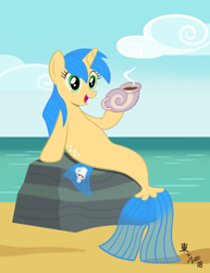 Size: 850x1100 | Tagged: safe, artist:jazzytyfighter, oc, oc only, pony, seapony (g4), unicorn, beach, blue mane, blue tail, cloud, coffee, female, fish tail, green eyes, horn, ocean, open mouth, rock, sand, seashell, sitting, sky, smiling, solo, tail, water