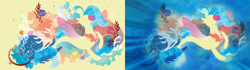 Size: 3840x1080 | Tagged: safe, artist:conniethecasanova, edit, princess skystar, shelldon, shelly, seapony (g4), g4, my little pony: the movie, blue mane, bubble, coral, female, fin wings, fins, fish tail, flower, flower in hair, freckles, jewelry, lineless, necklace, ocean, open mouth, pearl necklace, seashell, seaweed, silhouette, smiling, solo, swimming, tail, underwater, wallpaper, water, wings