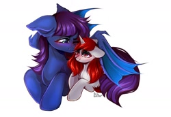 Size: 1550x1066 | Tagged: safe, artist:crybaby, oc, oc only, oc:keygun, oc:waves, pony, blushing, cuddling, fangs, hug, looking at each other, shipping, simple background, solo, winghug, wings