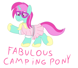 Size: 1600x1400 | Tagged: safe, artist:amateur-draw, oc, oc only, oc:belle boue, pony, unicorn, camping outfit, clothes, crossdressing, fabulous, glasses, majestic as fuck, male, pinkd dress, simple background, solo, stallion, white background