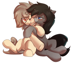 Size: 2656x2252 | Tagged: safe, artist:beardie, oc, oc only, oc:maya madrigal, oc:osha, earth pony, pony, unicorn, blaze (coat marking), blushing, cheek kiss, coat markings, facial markings, female, high res, hug, kissing, lesbian, looking at each other, mare, oc x oc, shipping, simple background, sitting, smiling, snip (coat marking), transparent background