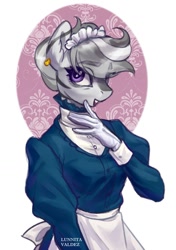 Size: 1247x1770 | Tagged: safe, artist:lunnita_pony, oc, oc only, zebra, anthro, abstract background, apron, clothes, ear piercing, eye clipping through hair, eyebrows, eyebrows visible through hair, fleur-de-lis (symbol), gloves, maid, maid headdress, piercing, purple eyes, solo, zebra oc