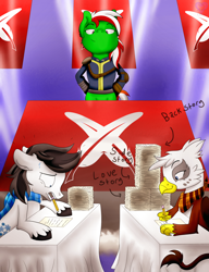 Size: 2300x3000 | Tagged: safe, artist:theartistsora, oc, oc:gwen (mlp-msp), oc:snow drift (mlp-msp), oc:wandering sunrise, griffon, pony, fallout equestria, fallout equestria: dead tree, competition, convention, convention:mlp-msp, high res, orange tail, red mane