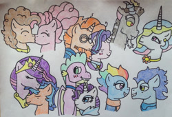 Size: 1280x869 | Tagged: safe, artist:dragonpriness, cheese sandwich, discord, flash sentry, pinkie pie, princess celestia, rainbow dash, rarity, soarin', spike, starlight glimmer, sunburst, twilight sparkle, alicorn, draconequus, pony, g4, the last problem, bags under eyes, blushing, crown, cuddling, drawing, eye bag, female, gigachad spike, jewelry, kiss on the lips, kissing, lidded eyes, looking at each other, male, nuzzling, older, older cheese sandwich, older cheesepie, older flash sentry, older flashlight, older pinkie pie, older rainbow dash, older rarity, older soarindash, older sparity, older spike, older starburst, older starlight glimmer, older sunburst, older twilight, older twilight sparkle (alicorn), peytral, princess twilight 2.0, regalia, ship:cheesepie, ship:dislestia, ship:flashlight, ship:soarindash, ship:sparity, ship:starburst, shipping, skunk stripe, straight, traditional art, twilight sparkle (alicorn)