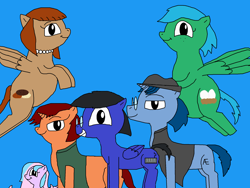Size: 2000x1500 | Tagged: safe, artist:blazewing, oc, oc:blazewing, oc:maggie, oc:pastel macaroon, oc:pecan sandy, oc:syntax, oc:tough cookie, earth pony, pegasus, pony, unicorn, blue background, chubby, clothes, colored background, drawpile, earth pony oc, fat, fedora, female, filly, flying, foal, freckles, glasses, hat, horn, jewelry, looking at you, male, mare, necklace, pearl necklace, pegasus oc, simple background, smiling, stallion, unicorn oc, vest