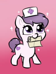 Size: 1104x1448 | Tagged: safe, artist:heretichesh, oc, female, filly, gradient background, hat, mouth hold, nurse, nurse hat, solo
