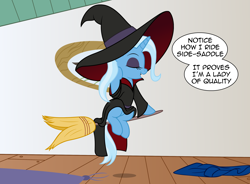 Size: 2708x1988 | Tagged: safe, artist:badumsquish, derpibooru exclusive, trixie, pony, unicorn, bewitched bunny, broom, dialogue, eyes closed, eyeshadow, flirting, flying, flying broomstick, hat, house, looney tunes, makeup, ponified, riding, show accurate, sitting, solo, talking to viewer, witch, witch costume, witch hat, witch hazel