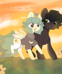 Size: 2019x2379 | Tagged: safe, artist:mushy, oc, oc only, oc:pea, earth pony, pegasus, pony, big tail, clothes, cute, duo, flower, freckles, grass, green eyes, green mane, happy, high res, i love you, smiling, socks, spots, stockings, sunset, sweater, thigh highs, thigh socks