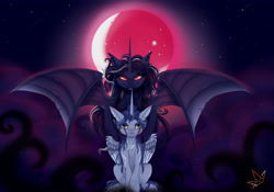 Size: 5000x3500 | Tagged: safe, artist:martazap3, oc, oc only, alicorn, bat pony, bat pony alicorn, pony, bat pony oc, bat wings, crescent moon, dark background, dark magic, duo, horn, magic, moon, shadow, wings