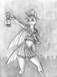 Size: 1000x1361 | Tagged: safe, artist:baron engel, ocellus, changedling, changeling, anthro, fanfic:prey, g4, clothes, fanfic art, grayscale, lantern, monochrome, outdoors, pencil drawing, sailor uniform, skirt, solo, traditional art, uniform, worried