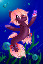 Size: 2000x3000 | Tagged: safe, artist:angelina-pax, oc, oc only, earth pony, pony, seapony (g4), bubble, cherry, crepuscular rays, deviantart watermark, dorsal fin, eyelashes, fish tail, flowing tail, food, high res, looking at you, obtrusive watermark, ocean, red mane, ribbon, seaponified, seaweed, smiling, solo, species swap, speedpaint, sunlight, tail, underwater, water, watermark