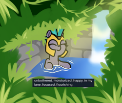 Size: 865x725 | Tagged: safe, artist:neuro, earth pony, pony, eyes closed, female, grass, guardsmare, helmet, mare, outdoors, plant, royal guard, smiling, solo, vine, water, waterfall