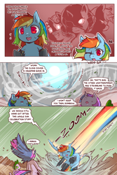 Size: 960x1440 | Tagged: safe, artist:cold-blooded-twilight, lyra heartstrings, rainbow dash, rarity, spike, sweetie belle, twilight sparkle, dragon, pegasus, pony, unicorn, cold blooded twilight, comic:cold storm, g4, afterimage, bipedal, clothes, cloud, cloudy, comic, dialogue, dock, eyepatch, eyes closed, female, leggings, looking up, mare, open mouth, sky, smiling, speech bubble, sweat, unicorn twilight, wind, zoom