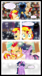 Size: 1280x2300 | Tagged: safe, artist:bigsnusnu, sunset shimmer, twilight sparkle, pony, unicorn, comic:dusk shine in pursuit of happiness, g4, book, bookshelf, clapping, colt, crying, dusk shine, female, filly, filly sunset shimmer, half r63 shipping, kissing, male, medallion, regret, ripping, rule 63, ship:duskshimmer, ship:sunsetsparkle, shipping, simple background, straight, teary eyes, train station, transparent background, trash, younger