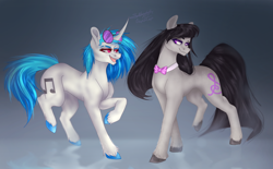 Size: 1280x795 | Tagged: safe, artist:copshop, dj pon-3, octavia melody, vinyl scratch, pony, g4, concave belly, duo, duo female, female, fit, muscles, slender, thin, unshorn fetlocks