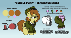 Size: 3508x1863 | Tagged: safe, artist:bobthedalek, oc, oc only, oc:bubble pump, earth pony, pony, clothes, cutie mark, ear piercing, earring, hat, jacket, jewelry, necktie, piercing, reference sheet, sweater