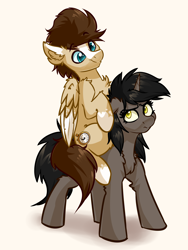 Size: 3000x4000 | Tagged: safe, artist:witchtaunter, oc, oc only, oc:ivy, oc:skittle, pegasus, pony, unicorn, chest fluff, commission, ear fluff, female, floppy ears, male, oc x oc, ponies riding ponies, riding, riding a pony, shipping, simple background, skivy, smiling, straight, unamused