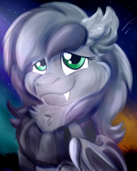 Size: 2000x2500 | Tagged: safe, artist:euspuche, oc, oc only, bat pony, bust, clothes, female, fluffy, high res, looking at you, night, portrait, scarf, shy, smiling, smiling at you