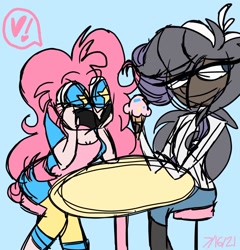 Size: 1228x1281 | Tagged: safe, artist:jazzyrazzy14, pinkie pie, rarity, human, g4, alternate hairstyle, blue background, clothes, dark skin, exclamation point, female, food, heart, humanized, ice cream, lesbian, open mouth, pants, ship:raripie, shipping, shirt, shorts, simple background, starry eyes, stool, t-shirt, table, wingding eyes