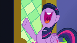 Size: 1280x720 | Tagged: safe, screencap, twilight sparkle, alicorn, pony, a flurry of emotions, g4, season 7, cute, female, mare, mawshot, nose in the air, open mouth, open smile, raised hoof, smiling, solo, twiabetes, twilight sparkle (alicorn), twilight's castle, uvula, volumetric mouth