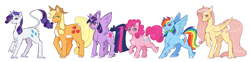 Size: 2968x734 | Tagged: safe, artist:biskyfresh, artist:glubbs, applejack, fluttershy, pinkie pie, rainbow dash, rarity, twilight sparkle, alicorn, earth pony, pegasus, pony, unicorn, blushing, chest fluff, coat markings, colored pupils, cute, cutie mark, ear fluff, female, flower, flower in hair, flower in tail, height difference, leg fluff, leonine tail, line-up, looking at you, mane six, mare, raised hoof, simple background, smiling, twilight sparkle (alicorn), unshorn fetlocks, white background
