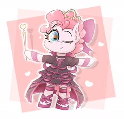Size: 1920x1853 | Tagged: safe, artist:phoenixrk49, pinkie pie, pony, g4, bipedal, clothes, dress, ear fluff, heart, jewelry, one eye closed, scepter, solo, standing on two hooves, tiara, wink