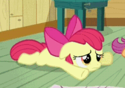 Size: 293x206 | Tagged: safe, screencap, apple bloom, scootaloo, earth pony, pegasus, pony, g4, ponyville confidential, season 2, adorabloom, animated, blinking, cropped, cute, duo, duo female, female, filly, frown, loop, lying down, offscreen character, offscreen female, prone, sad, sadorable, solo focus, sploot