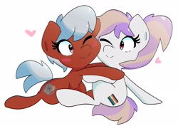 Size: 2556x1807 | Tagged: safe, artist:kindakismet, oc, oc only, earth pony, pony, duo, eye clipping through hair, heart, hug, looking at each other, looking at someone, one eye closed, simple background, smiling, white background