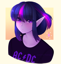Size: 1280x1351 | Tagged: safe, artist:syrupyyy, twilight sparkle, human, g4, abstract background, ac/dc, alternate hairstyle, anime, bangs, blushing, clothes, elf ears, eye clipping through hair, eyebrows, eyebrows visible through hair, female, humanized, pony coloring, rocker, shirt, solo, unicorns as elves