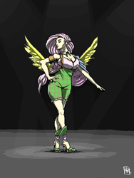 Size: 480x640 | Tagged: safe, artist:voyager, fluttershy, human, g4, clothes, female, high heels, humanized, shoes, signature, solo, winged humanization, wings