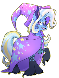 Size: 2830x3773 | Tagged: safe, artist:gingygin, trixie, pony, unicorn, g4, alternate design, cape, clothes, evil grin, gem, grin, hat, high res, horn, smiling, stars, unshorn fetlocks